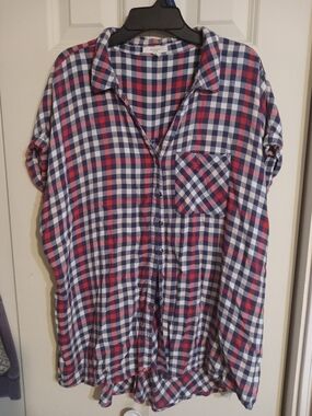 Red, Navy & White Plaid Button-Up Shirt Dress